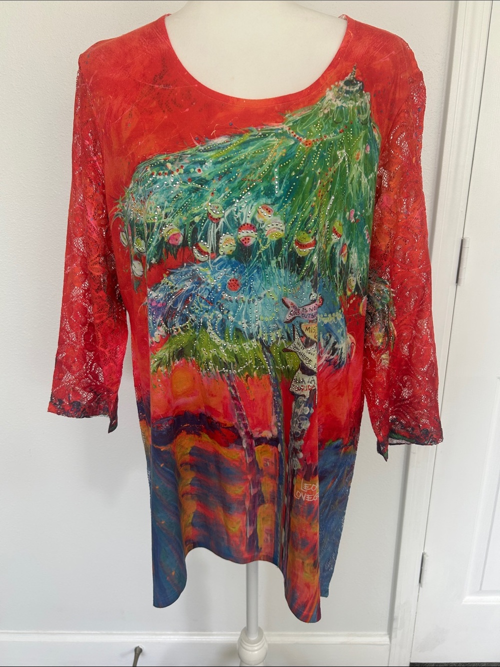 Vibrant Red Palm Tree Tunic with Lace Sleeves size xl